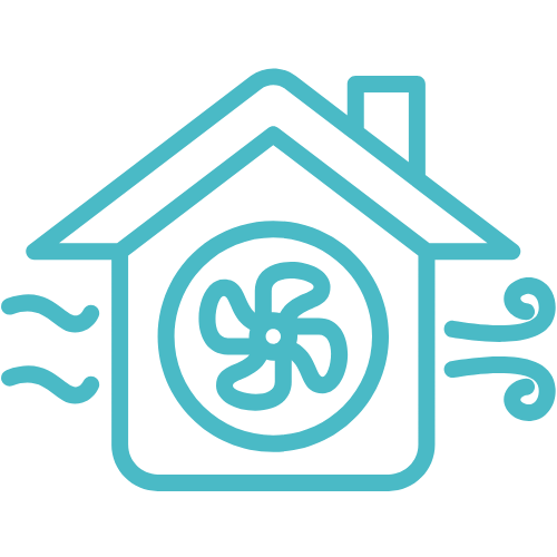 icon of a house with a fan /air in it. Representing the cooling of the home.